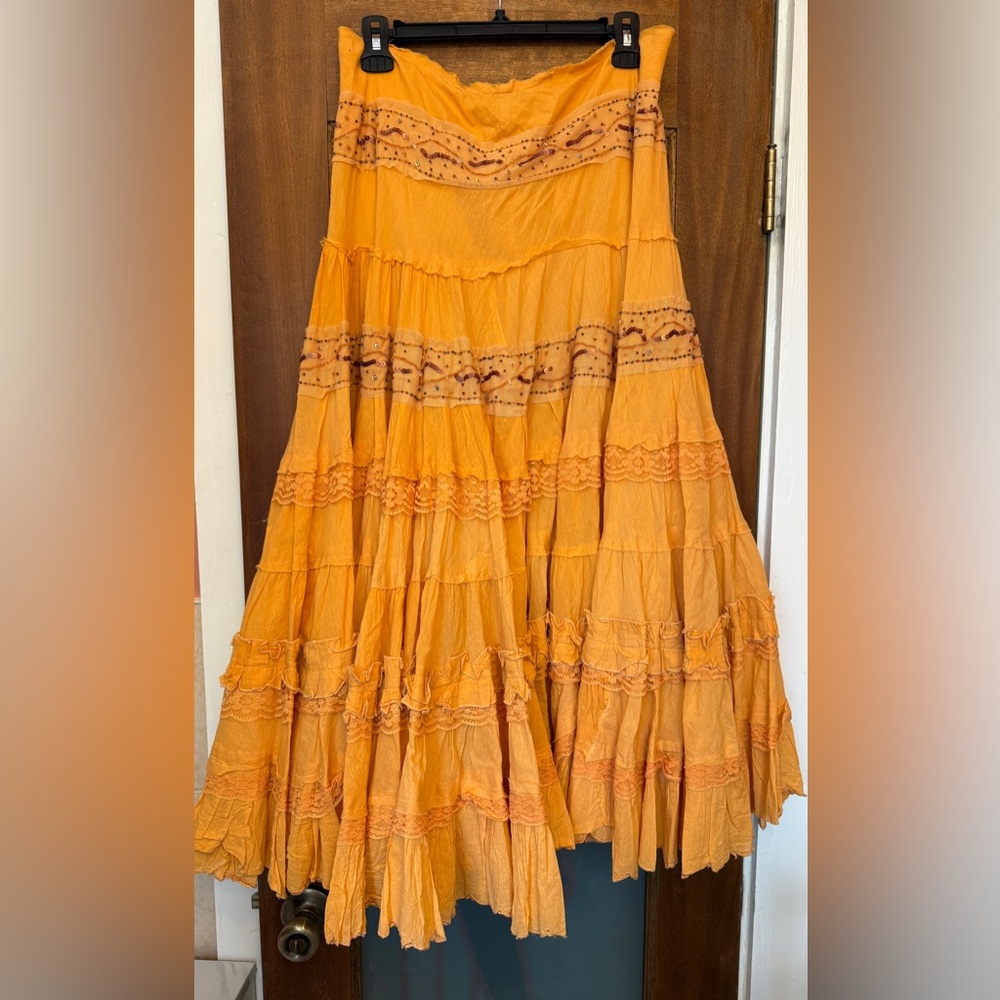 Angel Nina Vtg Bright Orange Embellished Layered Ruffle Midi Skirt- France